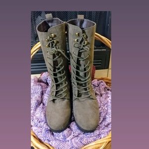 Olive color zip up/lace up boots.